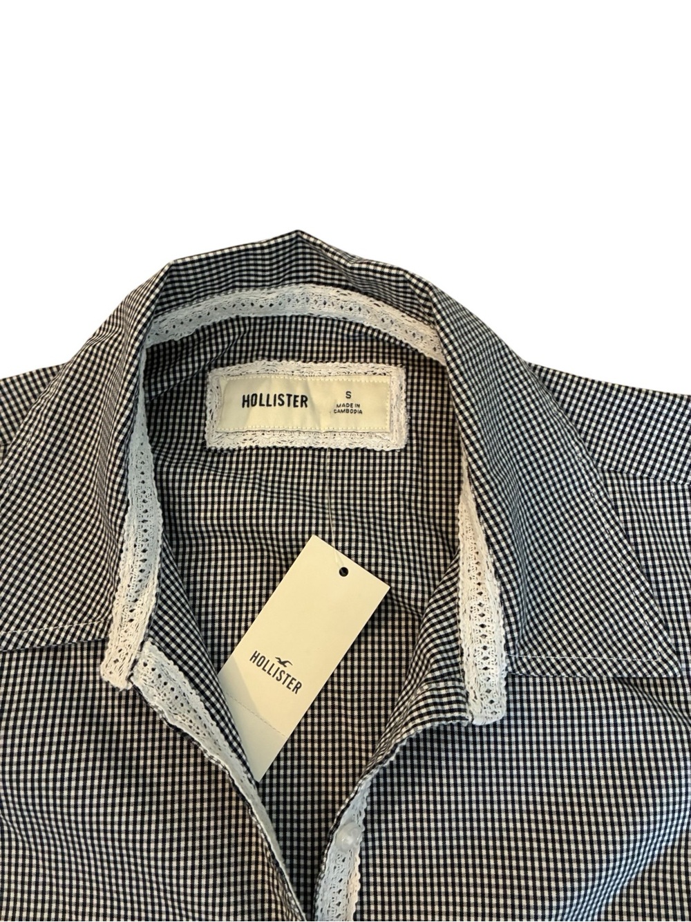 Hollister NWT Navy Gingham Button Top Small Y2K Coquette Fitted Cute - Picture 2 of 10